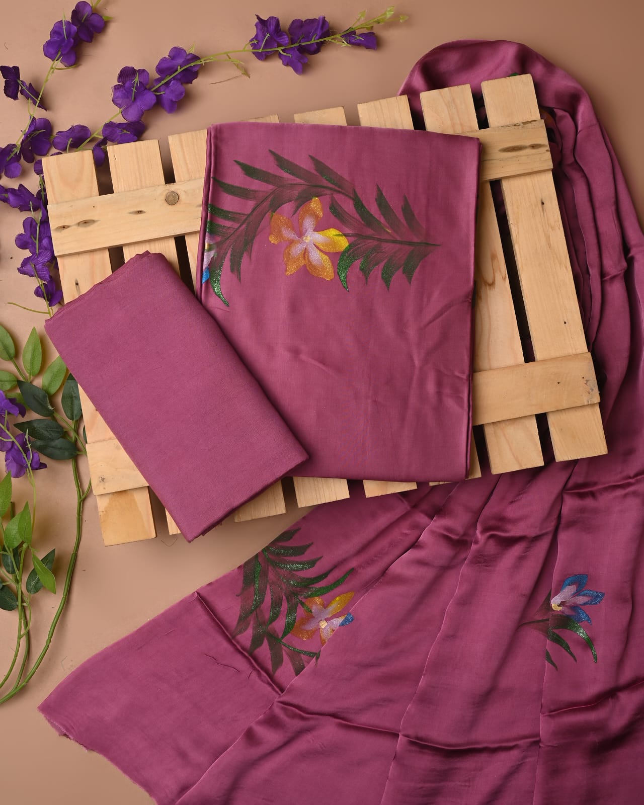 Wine cupro modal silk dress material wholesale, hand painted silk suit set by Fabtexs